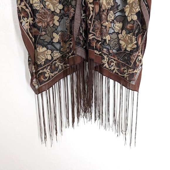 UNBRANDED Kimono Women's OS Floral Brown Black Metallic Sheer‎ Buttons Fringe - Picture 2 of 16